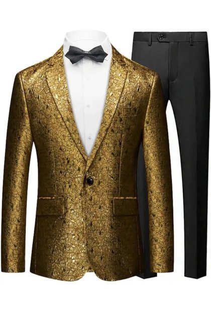 Men's One Button Notched Lapel Gold Metallic Crackle Suit