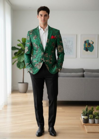 Men's Green Floral Jacquard One-Button Slim Fit Blazer
