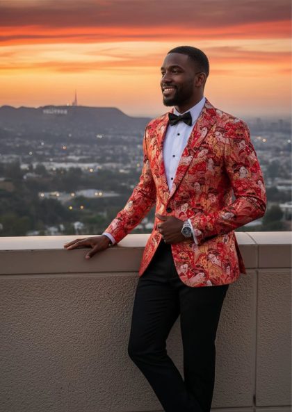 Men's One Button Red Japanese-Inspired Print Blazer