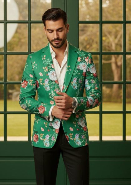 Men's Garden Green Floral Embroidery Dinner Jacket