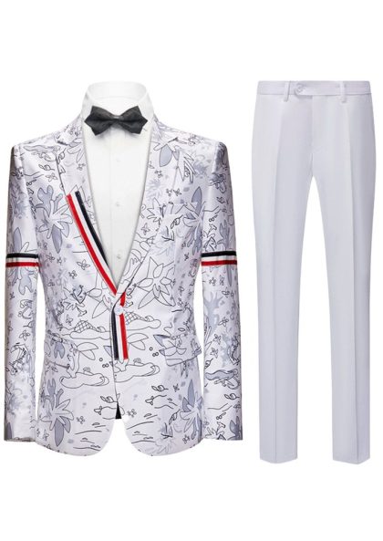 Men's 2-Piece British Style Graffiti Print White Jacket