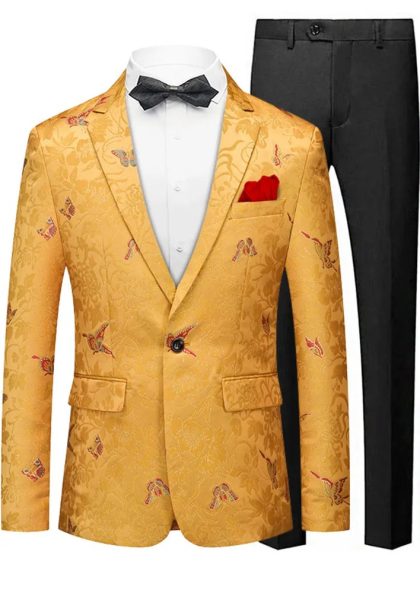 Men's One Buttom Slim Fit Butterfly Jacquard Yellow Jacket