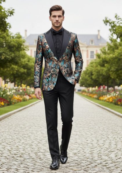 Men's Dark Teal Botanical Jacquard Peak Lapel Tuxedo