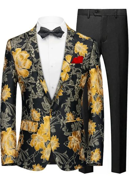 Men's Notched Lapel Floral Jacquard Blazer with One Button