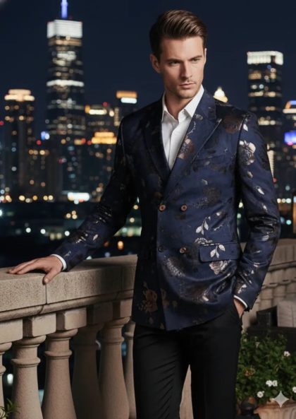 Men's Double-breasted Gold and Silver Floral Blazer