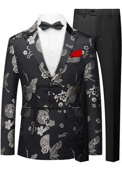 Men's Tang Style Silver Jacquard Black Jacket