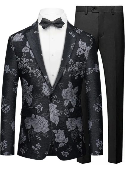 Men's One-Button Slim Fit Silver Jacquard Black Jacket