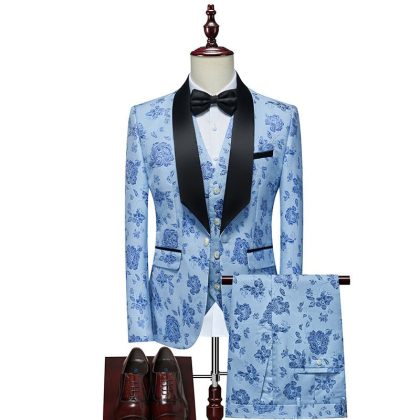 Men's 3-Piece Rose Jacquard Shawl Lapel Tuexdo