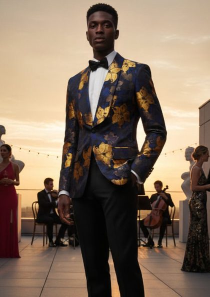 Men's Oil Painting Style Gold and Blue Floral Embroidered Tuxedo