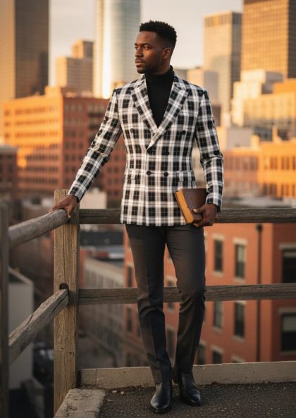 Men's Classic Black and White Plaid Double-Breasted Jacket