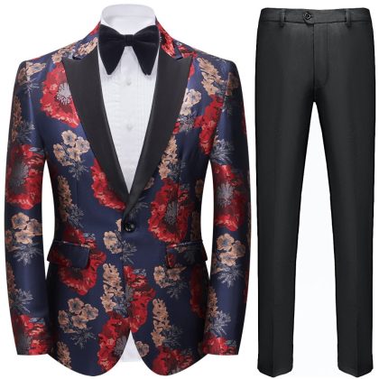 Men's Peak Lapel Red and Gold Floral Print Blazer