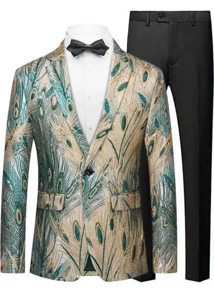 Men's Peacock Plume Jacquard Champaigne Tuxedo Jacket