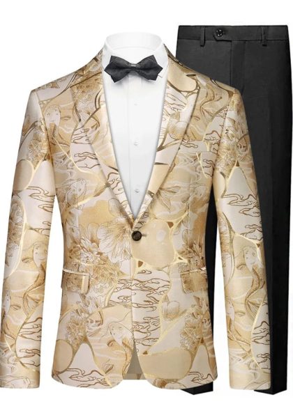 Men's Slim-Fit Floral Jacquard with Gold Accents Blazer