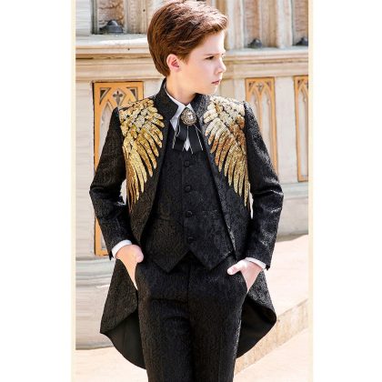 Boy's 3-Piece Suit Jacquard Tuxedo With Gold Wing