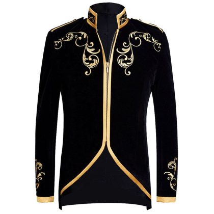 Men's Damask Embroidery Court Madarin Collar Black Jacket with Zipper