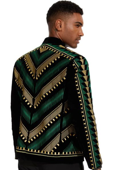 Men's Embroidered Green and Gold Geometric Pattern Tuxedo Jacket