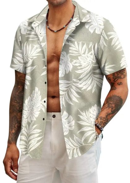Men's Gray Floral Print Short Sleeve Shirt with Turn-down Collar