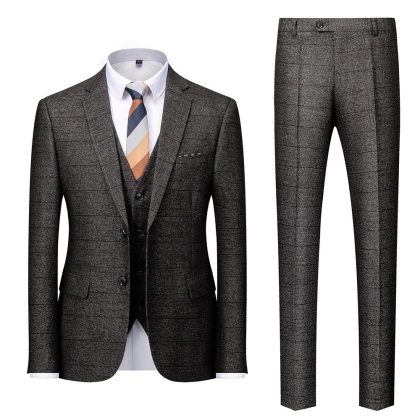 Men's 3-Piece Two Button Subtile Plaid Pattern Dark Gray Suit