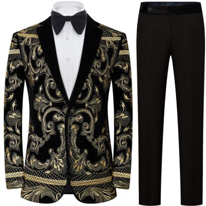 Men's Embroidered Gold Damask Black Tuxedo