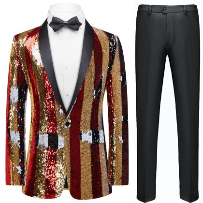 Men's Reversible Full Sequin Gold and Red Pinstripe Suit