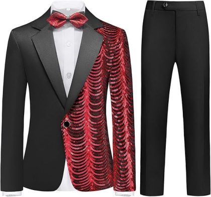 Boy's 2-Piece Red Sequin Water Ripples Black Dress