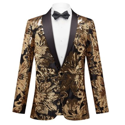 Men's Gold Floral Sequin Embroidered Black Tuxedo