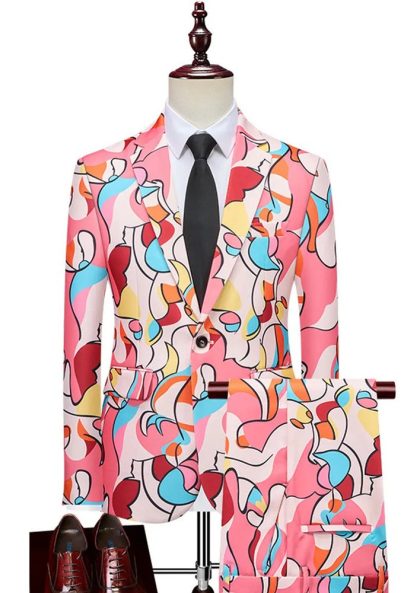 Men's Pink Geometric Print 2-Piece Suit Set