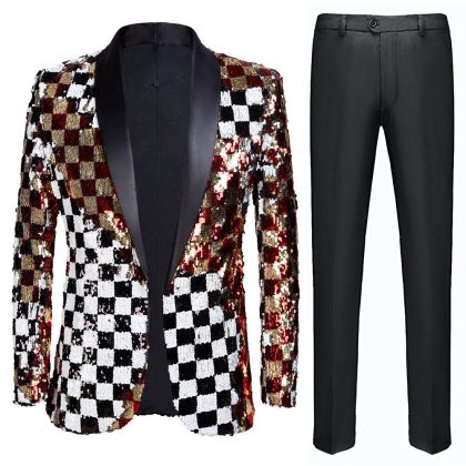 Men's Full Sequin Reversible Checks Embroidery White and Black Tuxedo