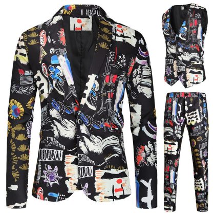 Men's 3-Piece Fashion Portrait Graffiti Print Casual Suit