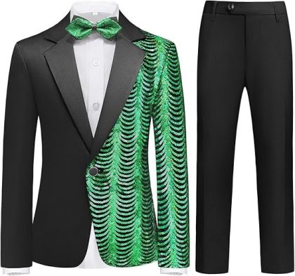 Boy's 2-Piece Green Sequin Water Ripples Black Dress