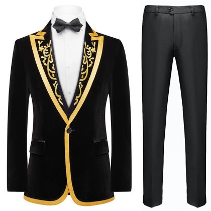 Men's Gold Embroidered Peak Lapel Black Velvet Dinner Jacket