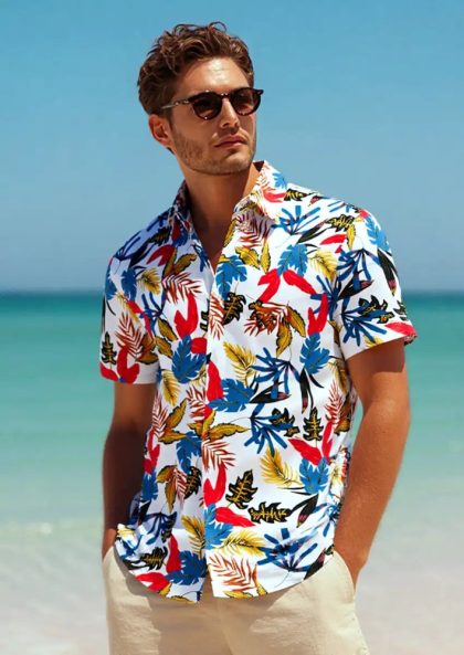 Men's Short Sleeve Hawaiian Shirt Wrinkle-free and Breathable Maple Red