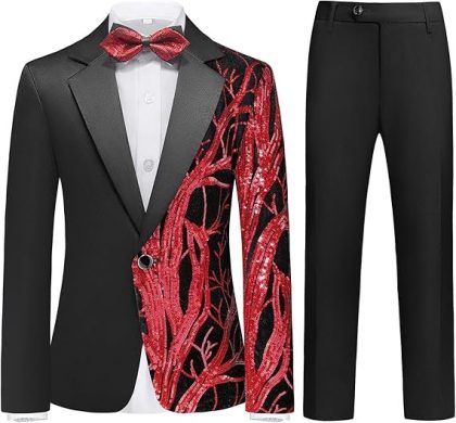 Boy's 2-Piece Red Sequin Branches Black Suit Tuxedo