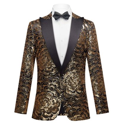 Men's Gold Floral Embroidered Sequin Black Tuxedo