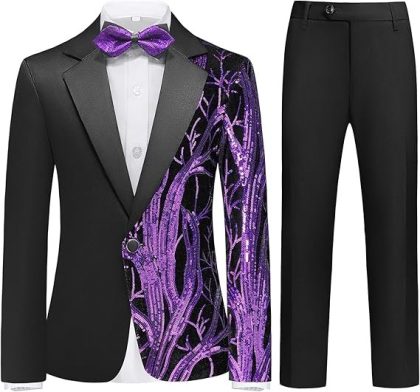 Boy's 2-Piece Purple Sequin Branches Black Suit Tuxedo