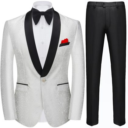 Men's 2-Piece Shawl Lapel Jacquard Wedding Suits White Tuxedo