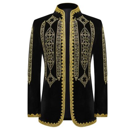 Men's Luxury Gold Embroided Court Style Black Tuxedo Jacket